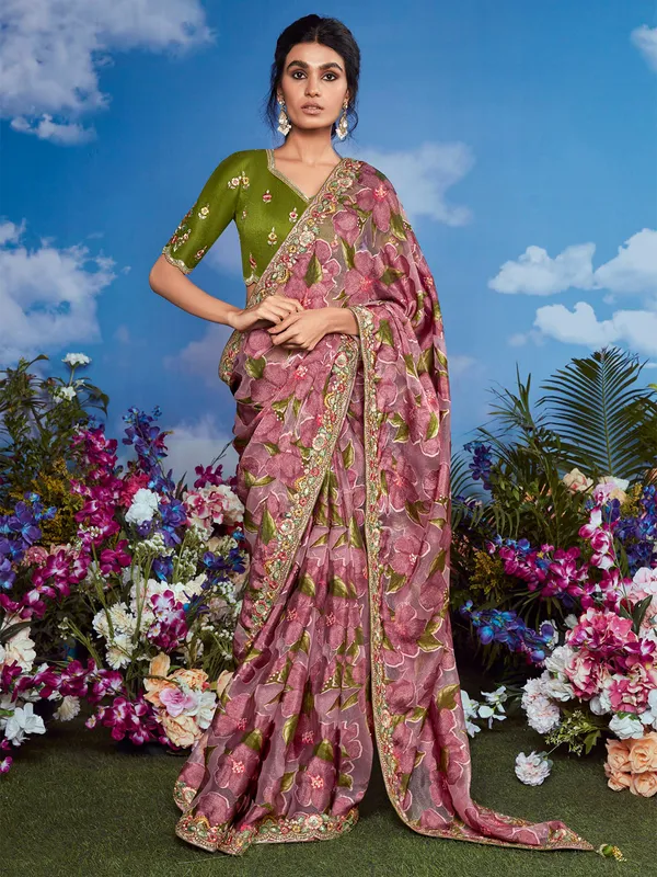 Onion pink braso embroidery saree