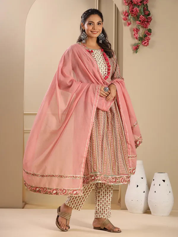 Onion pink cotton printed kurti set for women