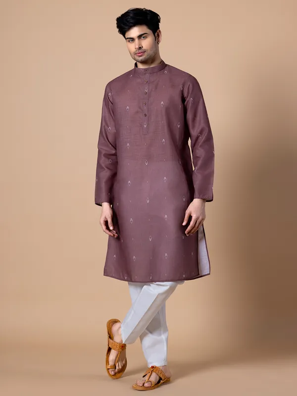 Onion pink cotton printed men kurta set