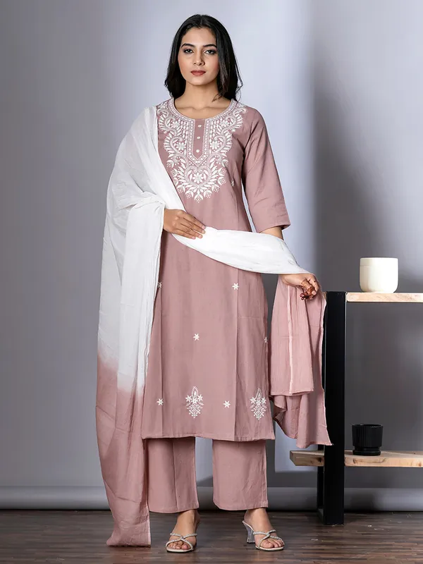 Onion pink embroidery kurti set for women