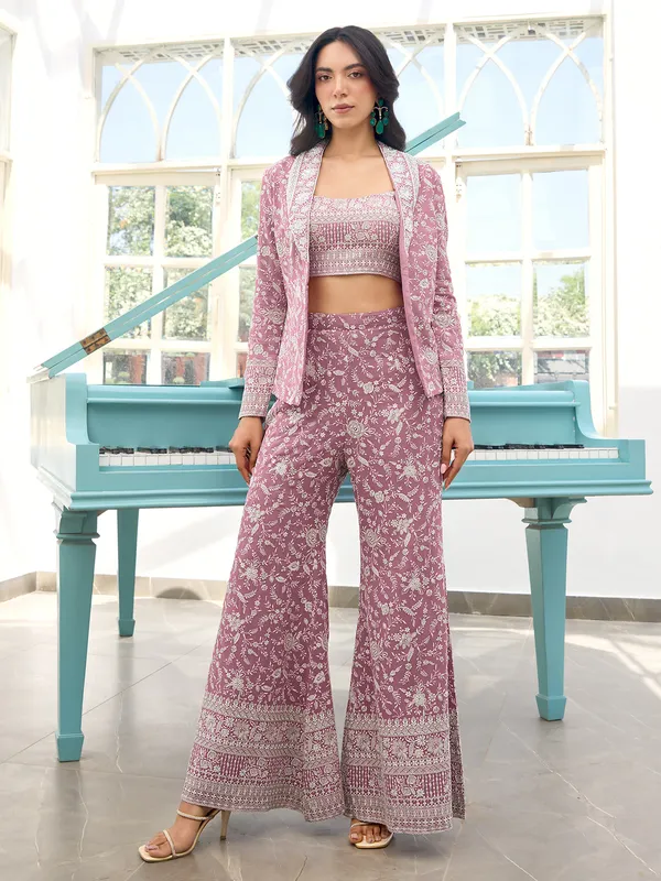 Onion pink georgette jacket style palazzo suit