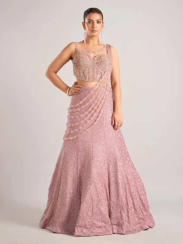 Onion pink net designer lehenga choli attetched with dupatta