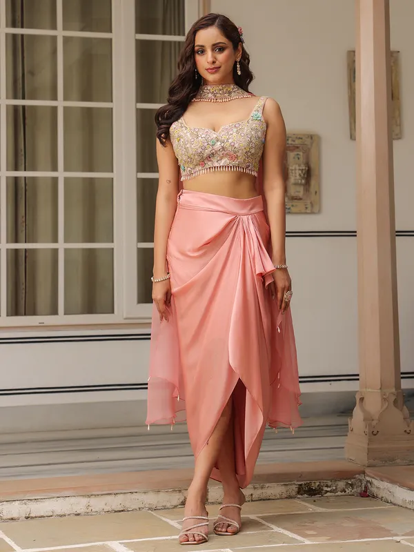 Onion pink organza and satin party wear indowestern suit