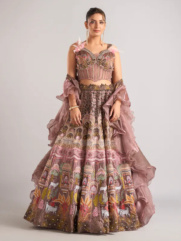 Onion pink organza lehenga choli with ruffle dupatta