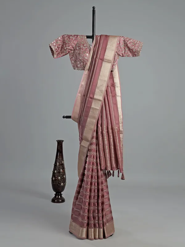 Onion pink organza satin saree with gota glam