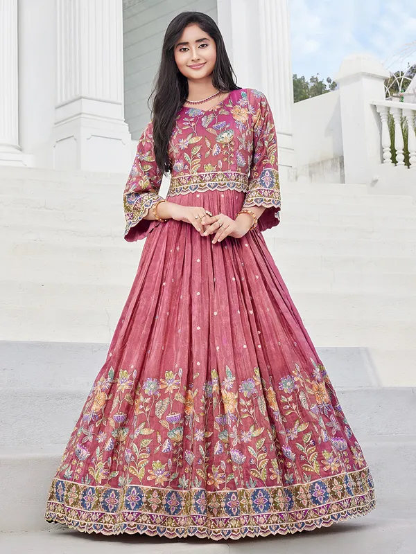 Onion pink printed anarkali suit for girls