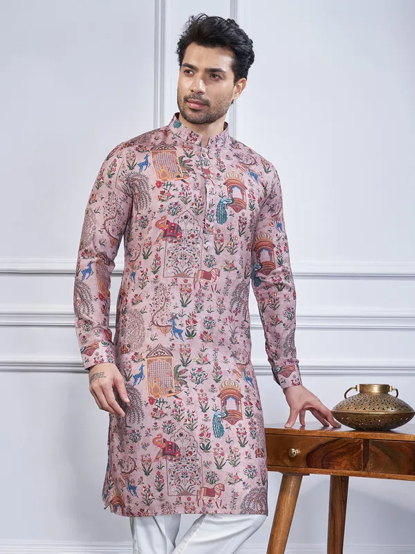 Onion pink printed cotton kurta suit