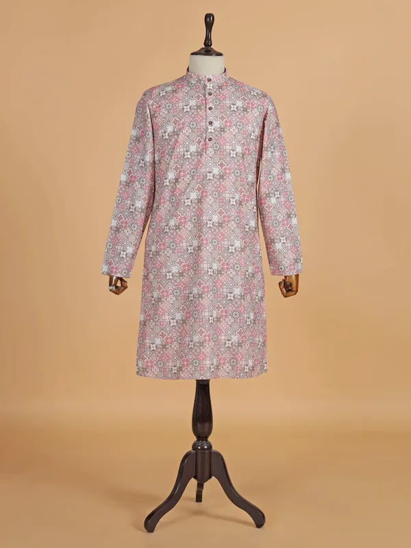 Onion pink printed cotton silk kurta set for men