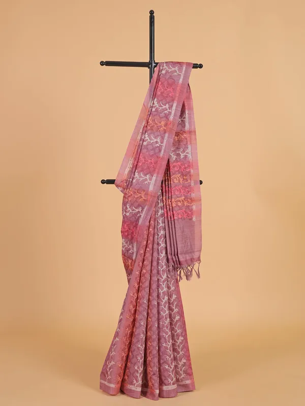 Onion pink printed cotton silk saree