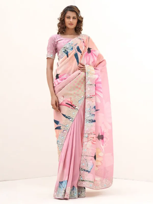 Onion pink printed satin silk saree
