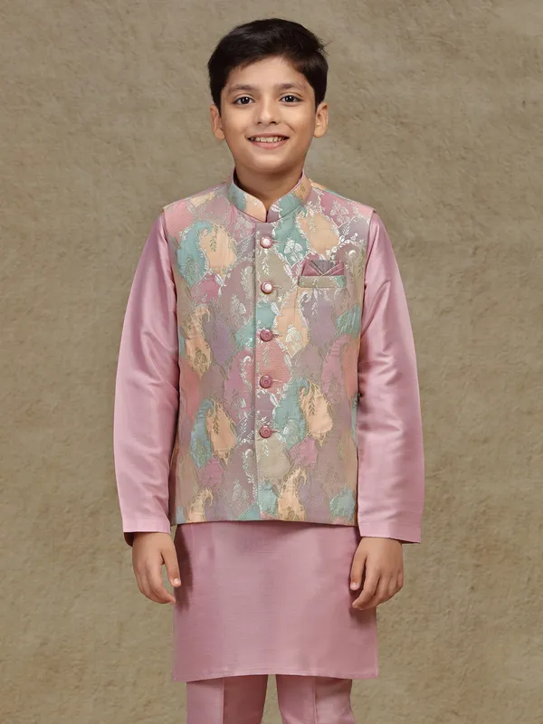Onion pink printed silk waistcoat set for boys