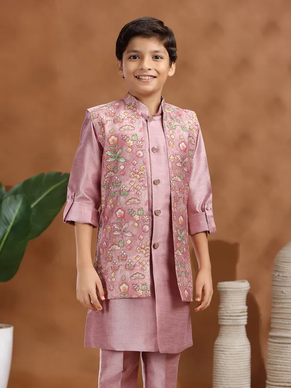 Onion Pink raw silk printed waistcoat set