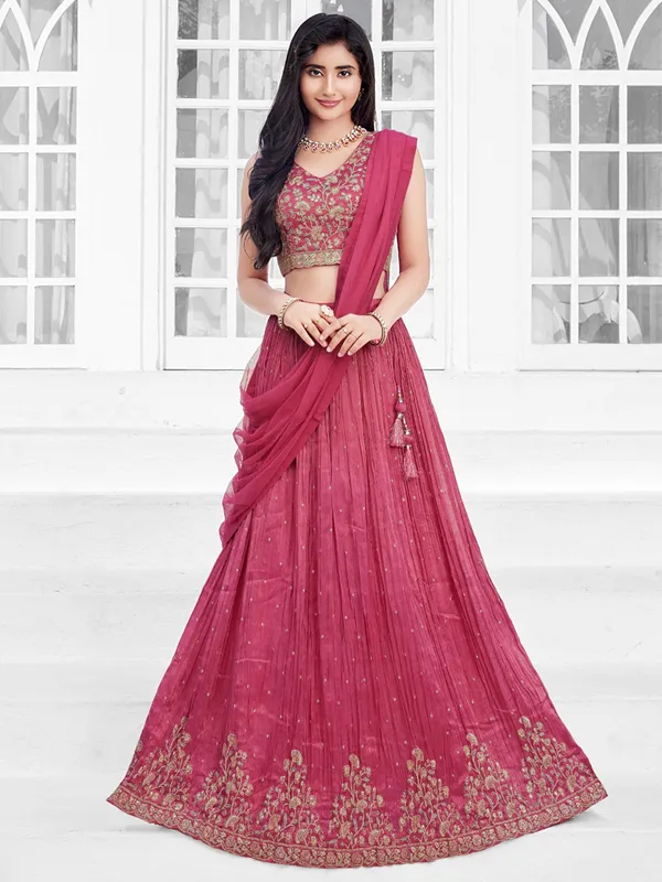 Onion pink resham worked silk lehenga choli