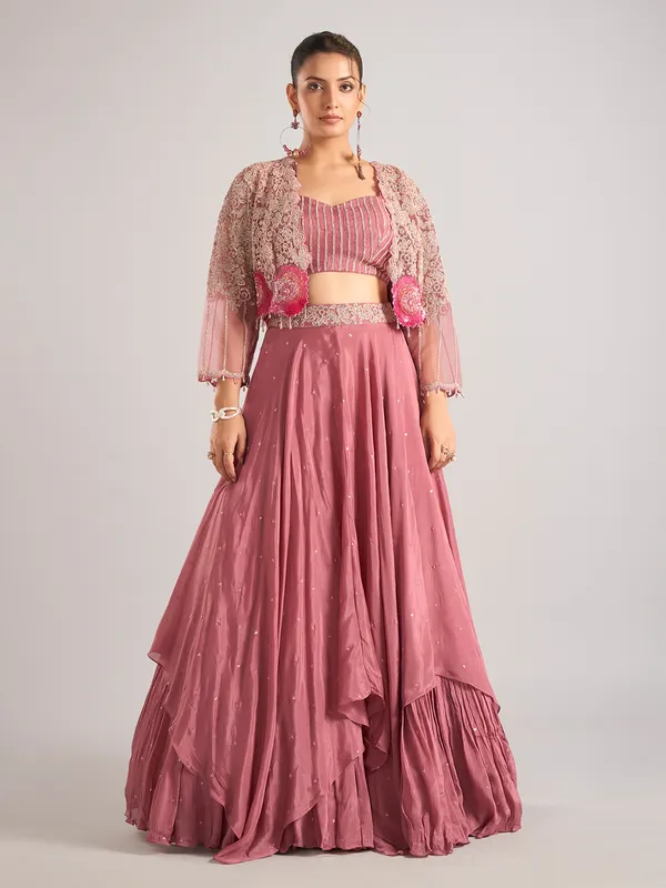 Onion pink satin silk jacket style lehenga choli