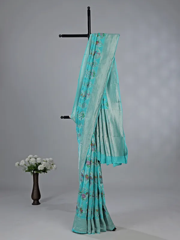 Mint blue satin silk saree for wedding style