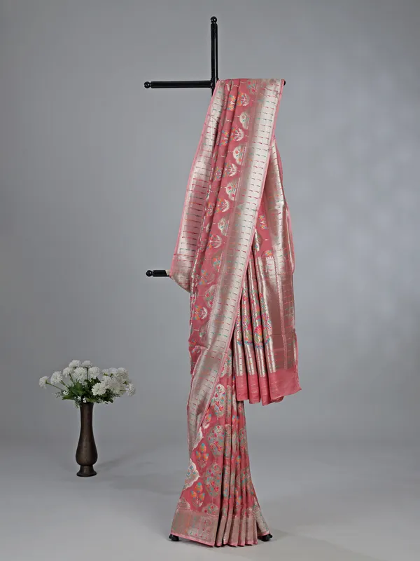 Onion pink satin silk saree for festive grace