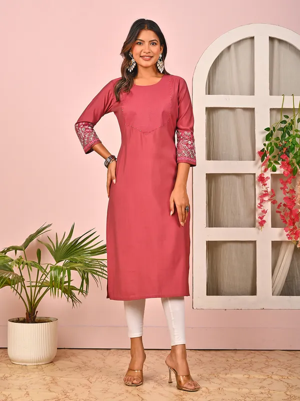 Onion pink silk casual embroidered kurti