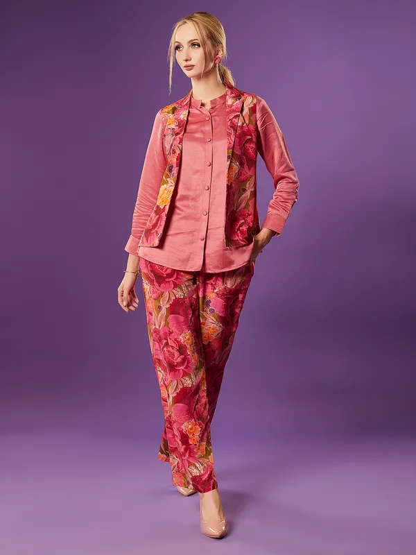 Onion pink silk co ord set in printed