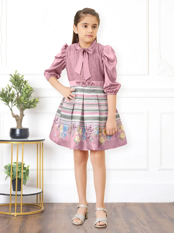 Onion pink silk girls frock with quarter sleeves
