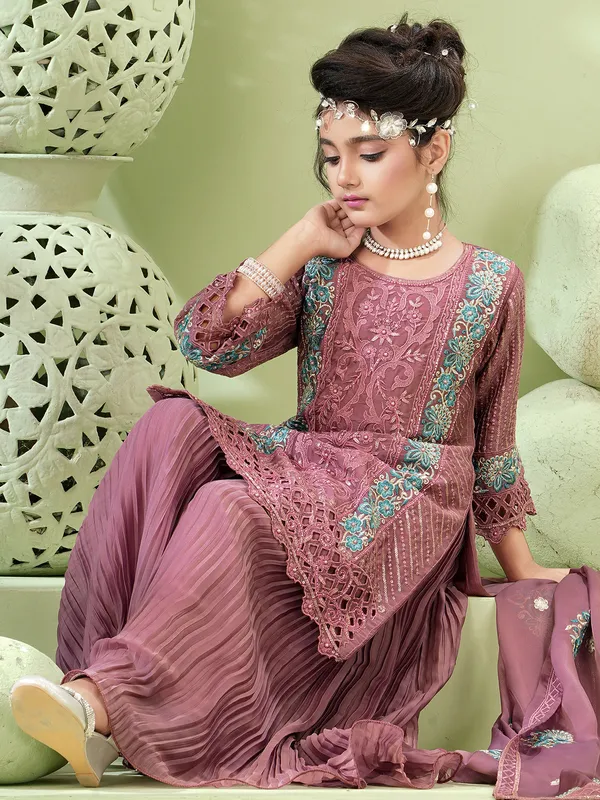 Onion pink silk palazzo suit with dupatta
