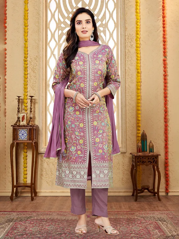 Onion pink silk salwar suit with thread and zari sparkle