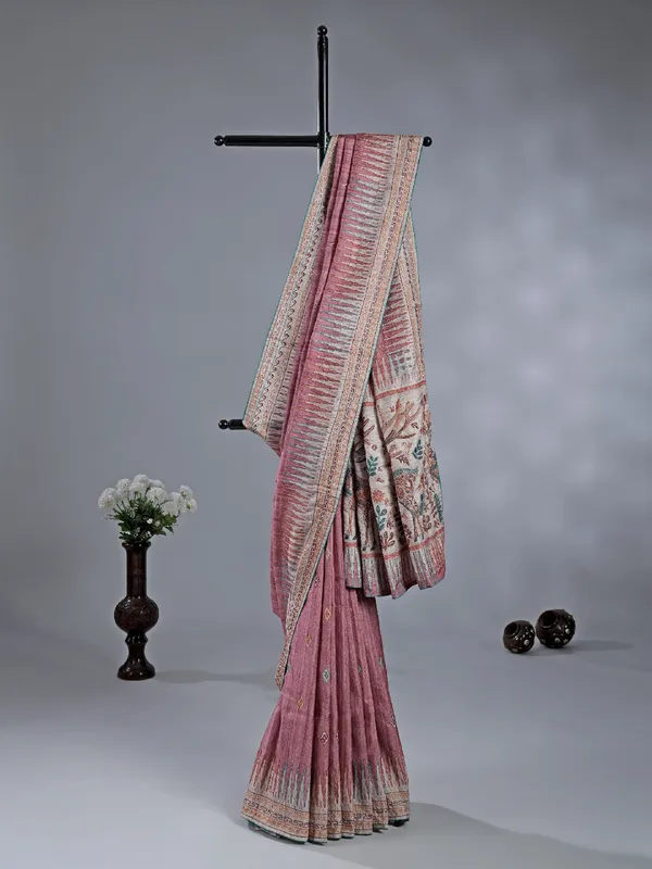 Onion pink silk saree accented for women