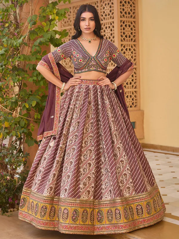Onion pink silk wedding lehenga choli with print