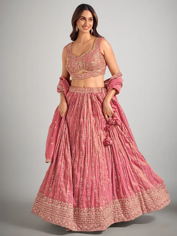 Onion pink silk wedding wear lahenga choli