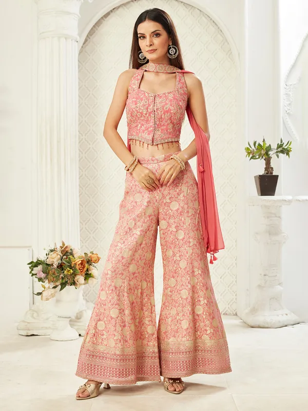 Onion pink sleeveless silk palazzo suit with zardosi