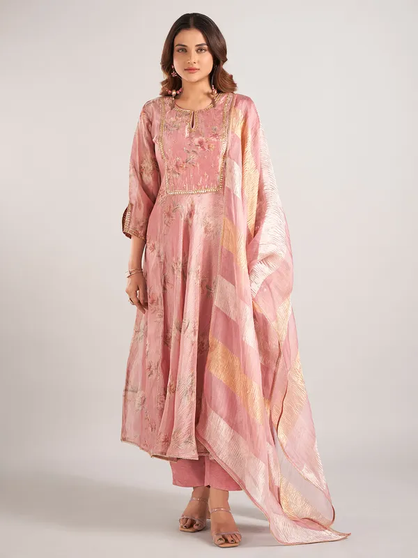 Onion pink soft organza floral printed salwar suit