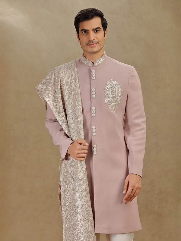 Onion pink terry rayon indo western with embroidery dupatta