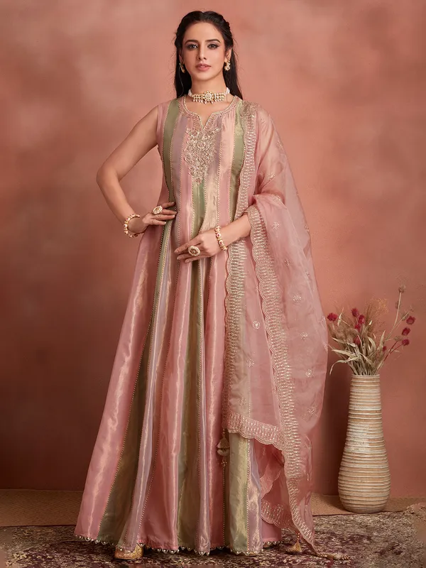 Onion pink tissue silk anarkali suit for wedding