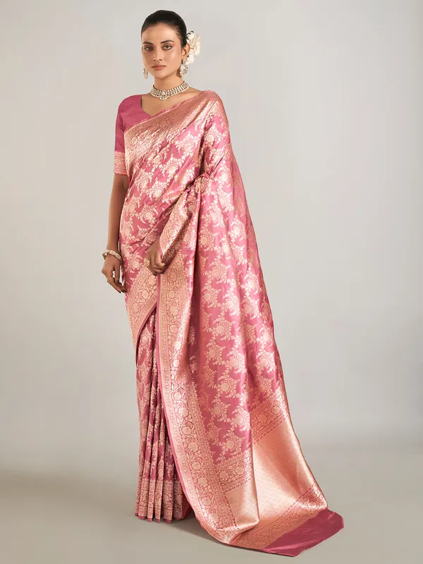 Onion pink zari weaving banarasi silk saree