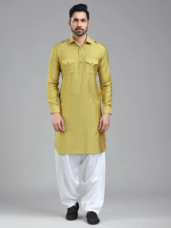 Opulent style golden pathani kurta suit
