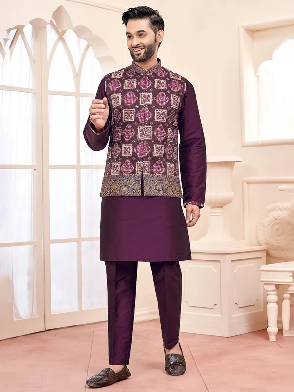 Opulent wine waistcoat set with detailed stitching
