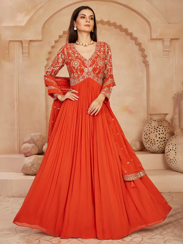Orange anarkali suit with mirror and cutdana work