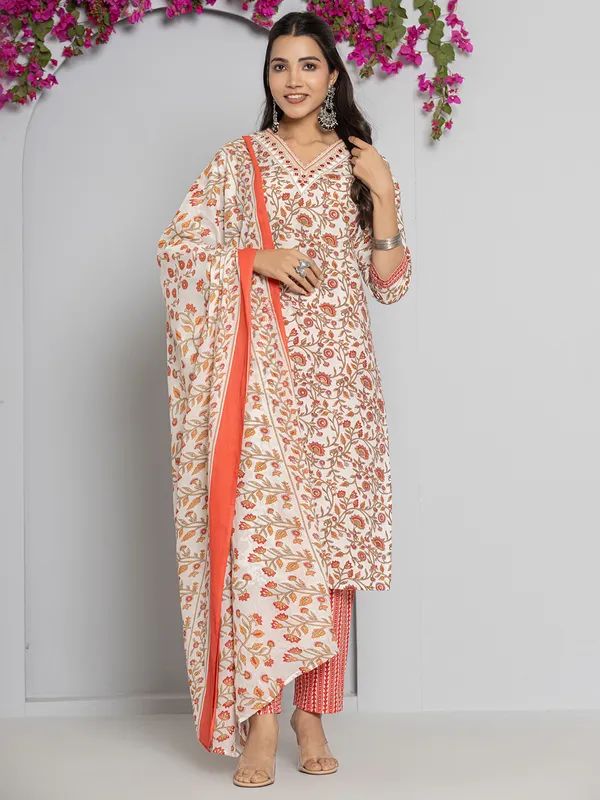 Orange and off-white cotton printed kurti set