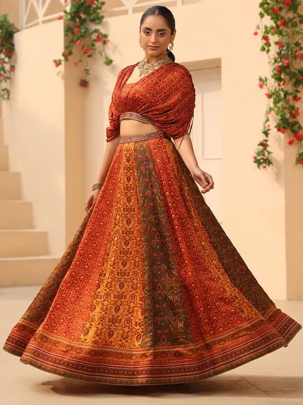 Orange and yellow printed lehenga choli