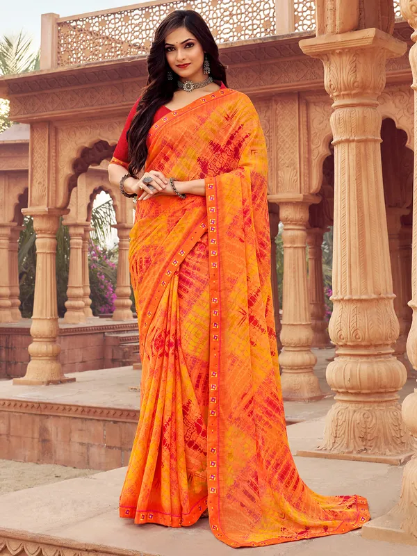 Orange casual printed chiffon saree
