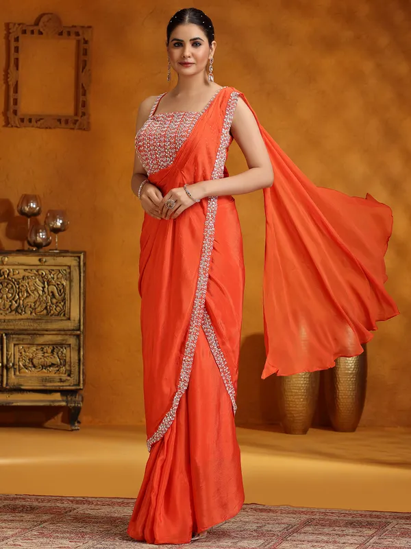 Orange chinon silk party wear saree
