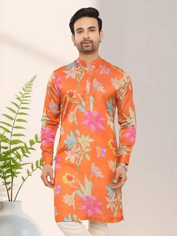 Orange colour floral printed kurta for men