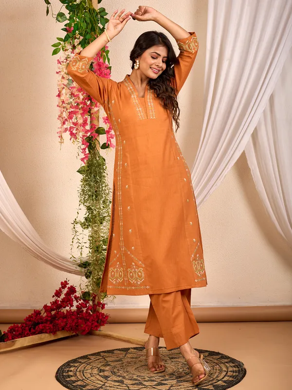 Orange cotton embroidery kurti set