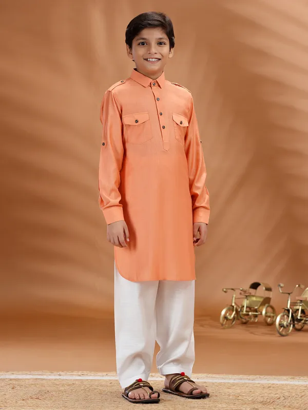 Peach cotton festive wear pathani set