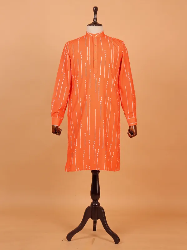 Orange cotton silk kurta set in printed