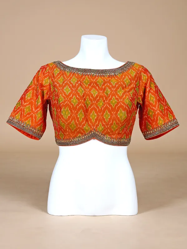 Orange cotton silk printed blouse