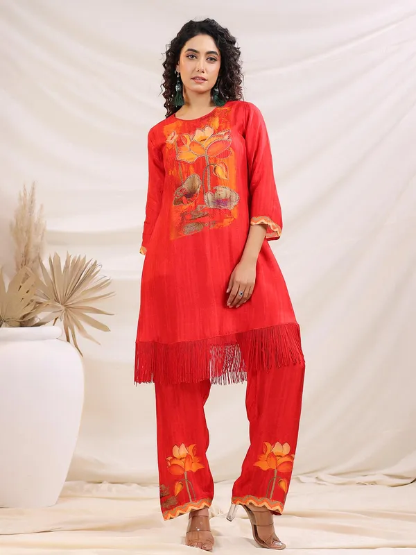 Orange dola silk printed kurti set