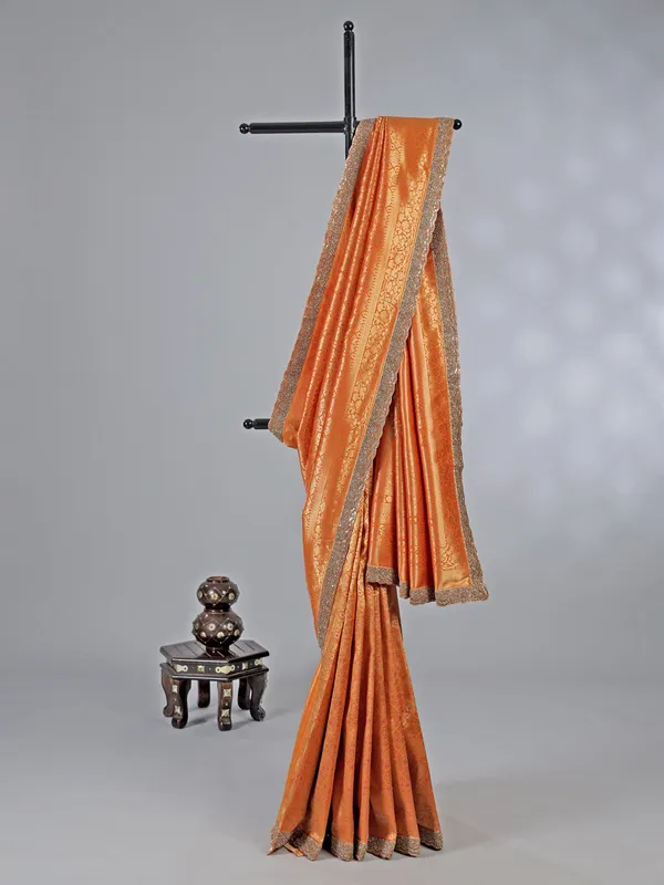 Orange dola silk unstitched saree with zardosi weaving