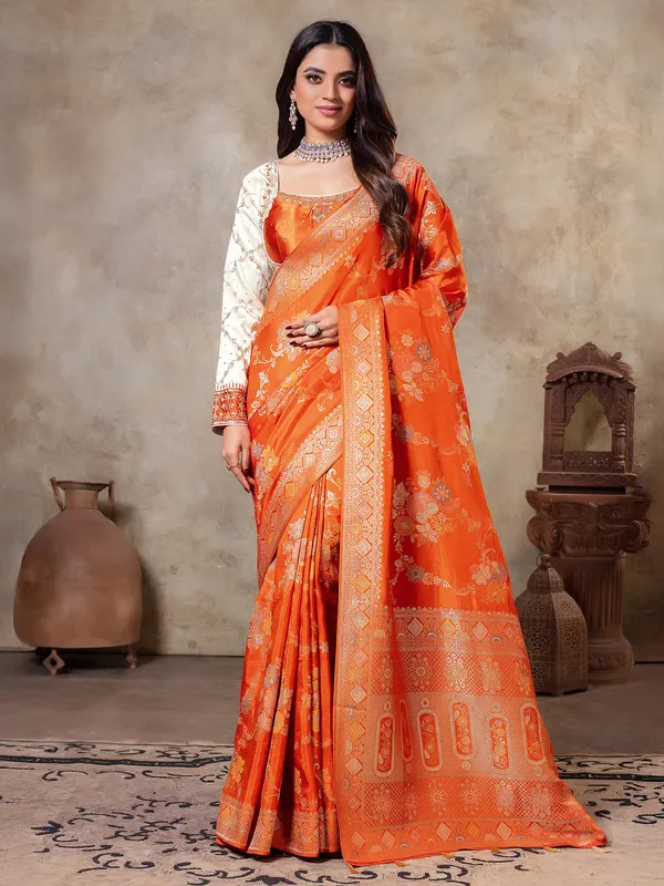 Orange dola silk zari weaving saree