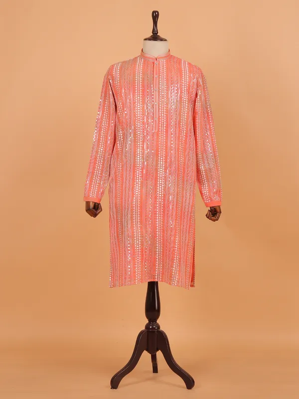 Orange embroided festive kurta set for men