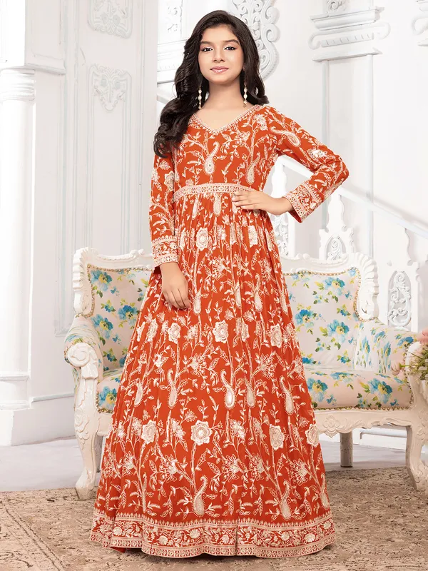 Orange georgette gown with embroidery work